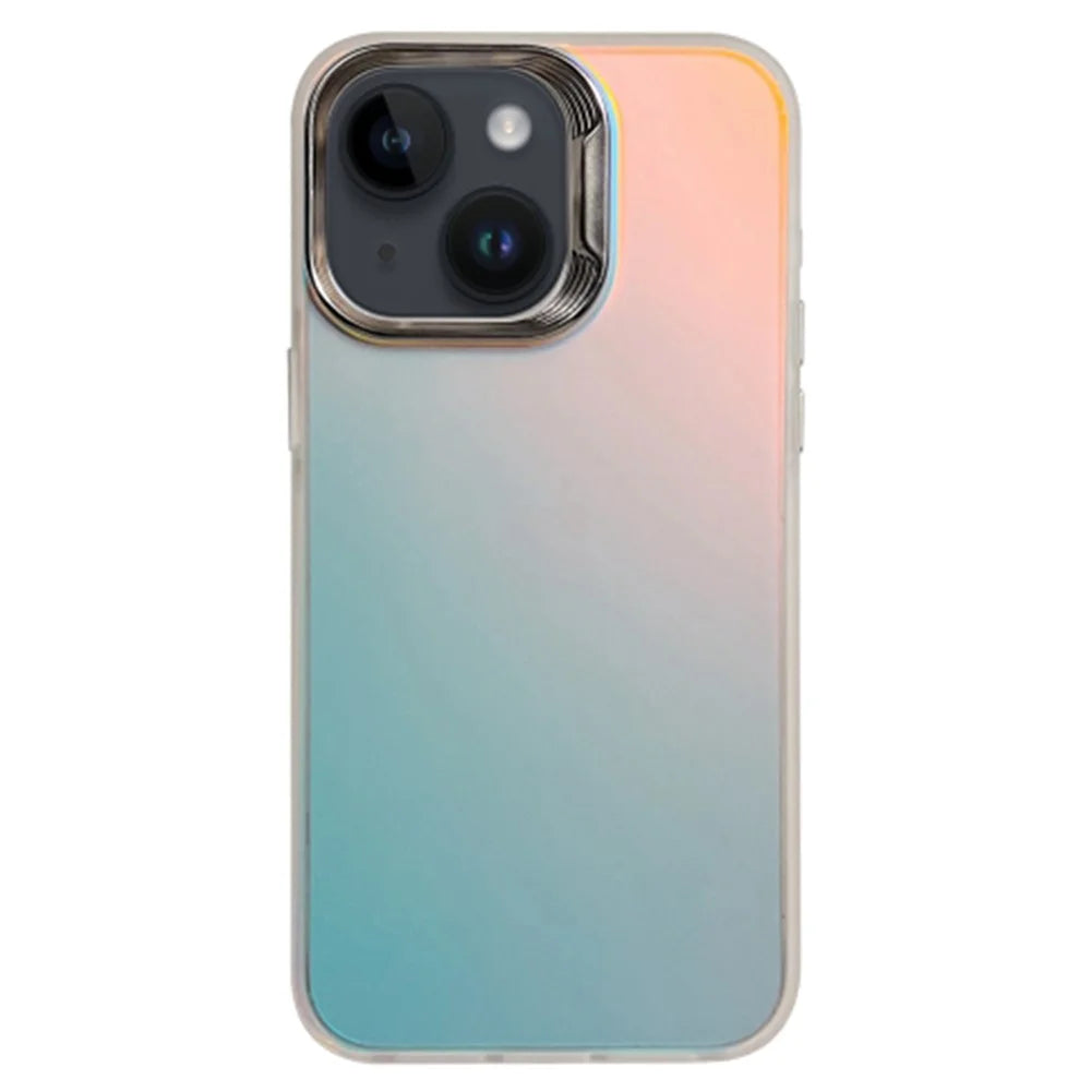 For iPhone 14 Gradient Case PC+TPU Phone Cover with Electroplating Lens Frame - Silver White - 1