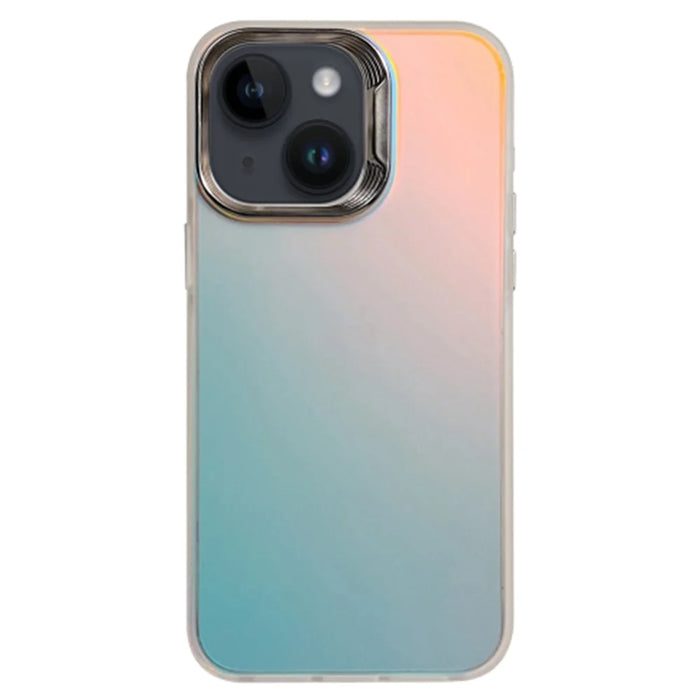 For iPhone 14 Gradient Case PC+TPU Phone Cover with Electroplating Lens Frame - Silver White - 1