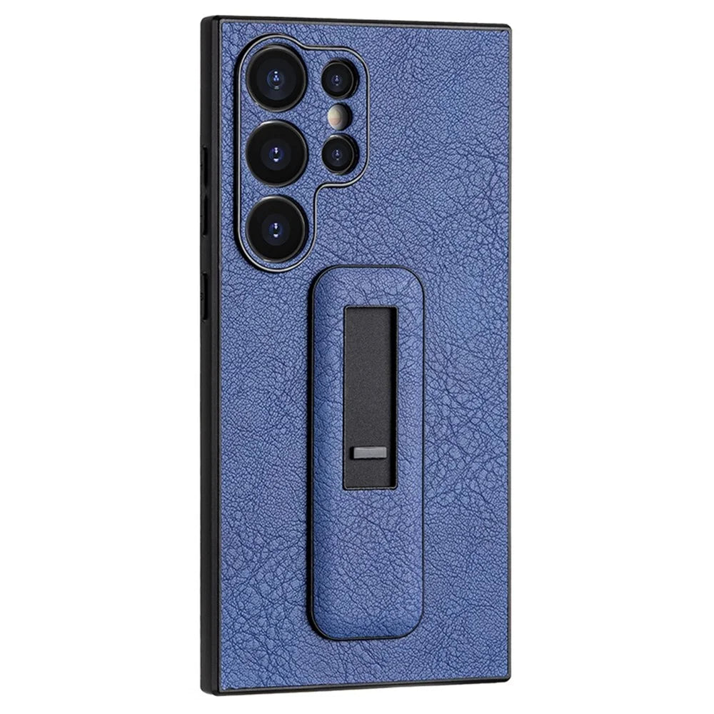 For Samsung Galaxy S24 Ultra Case Shockproof PC+PU Leather Phone Cover with Push-pull Kickstand - Fluorescent Blue - 1