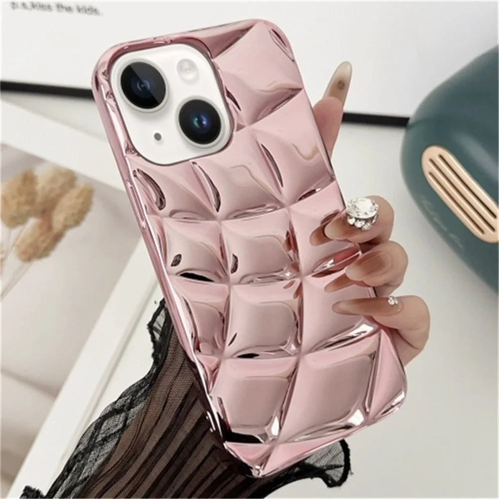 For iPhone 14 Case Rhombus Grid Pattern Electroplating TPU Back Phone Cover - Pink - 1