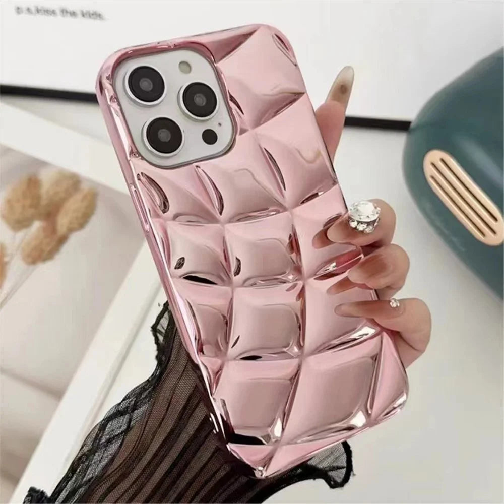 For iPhone 15 Pro Max Electroplating Case Rhombus Grid Flexible TPU Phone Cover - Pink - 1