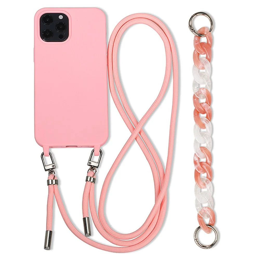 For iPhone 14 Pro Max Case Soft TPU Shock-Absorbent Smart Phone Cover with Straps - Pink - 1