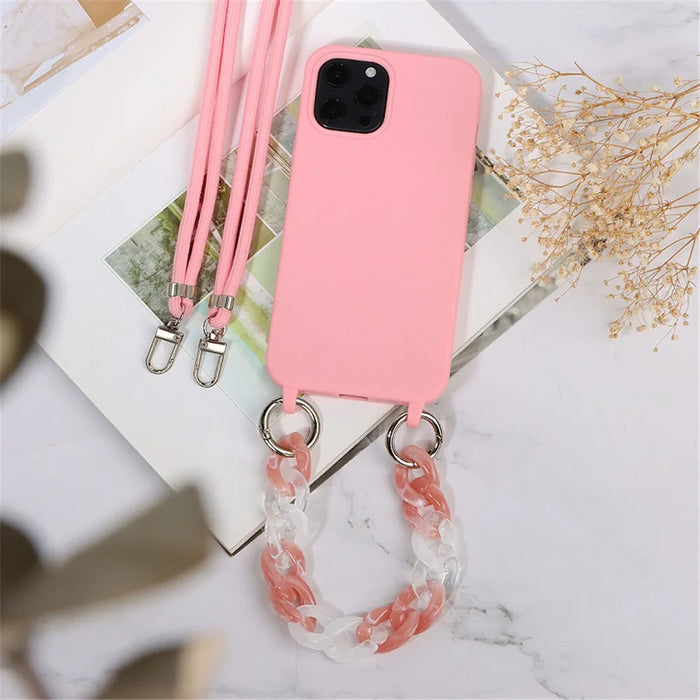 For iPhone 14 Pro Max Case Soft TPU Shock-Absorbent Smart Phone Cover with Straps - Pink - 5