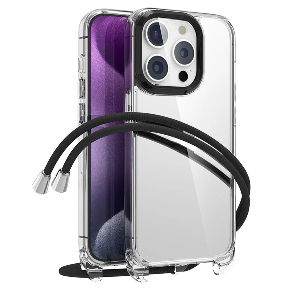 For iPhone 15 Pro Max Case Crystal Clear PC+TPU Protective Phone Cover - Transparent+Black Lanyard - 1