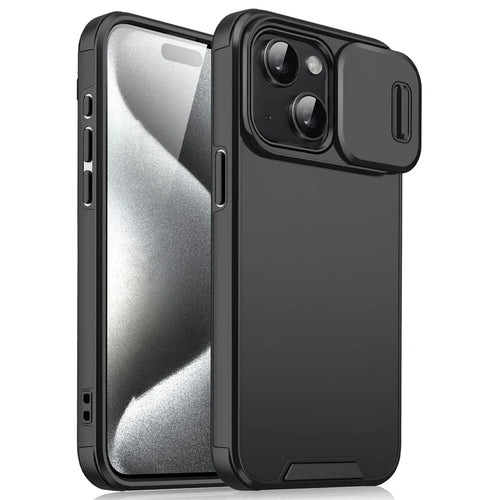 For iPhone 15 Case with Slide Camera Cover PC+TPU Protective Phone Protector - Black - 1