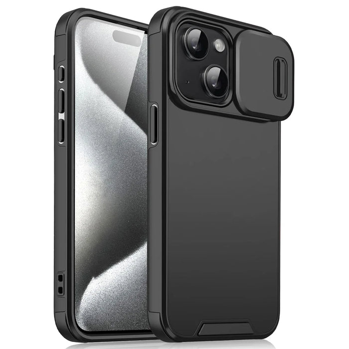 For iPhone 15 Case with Slide Camera Cover PC+TPU Protective Phone Protector - Black - 1