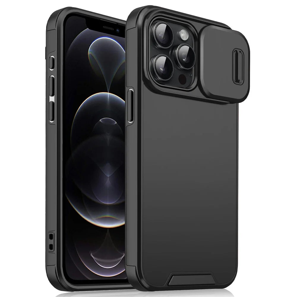 For iPhone 12 Pro / 12 6.1 inch Phone Case PC+TPU Scratch-Resistant Phone Cover with Slide Camera Guard - Black - 1