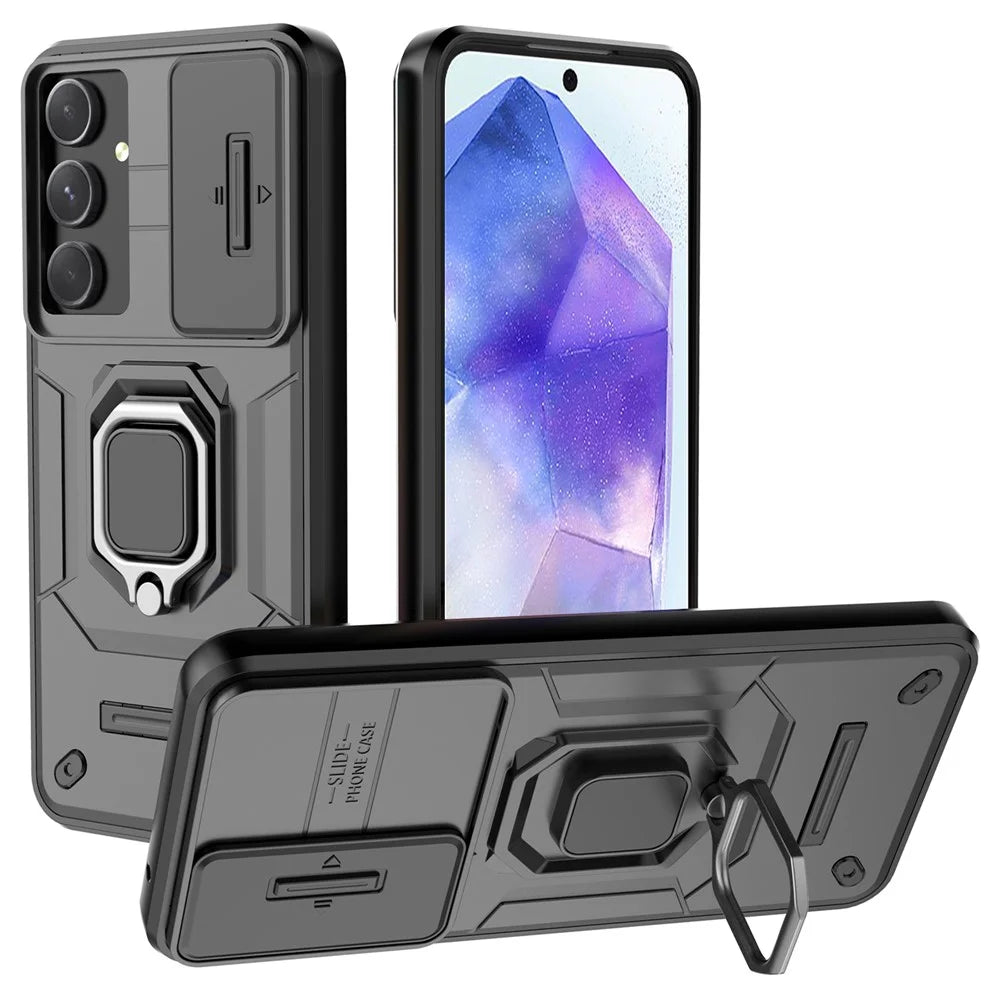For Samsung Galaxy A55 5G Case PC+TPU Anti-scratch Phone Protective Cover with Slide Lens Cover - Black - 1