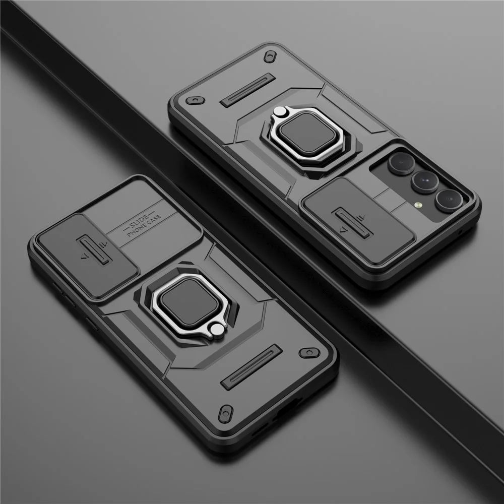 For Samsung Galaxy A35 5G Case PC+TPU Anti-drop Phone Cover with Slide Lens Lid - Black - 6