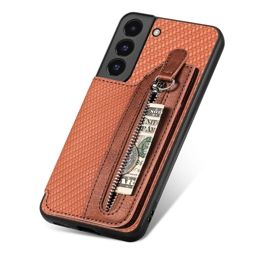 C1-04 For Samsung Galaxy S22+ 5G Case Zipper Wallet Leather Coated PC+TPU Phone Cover - Brown - 5