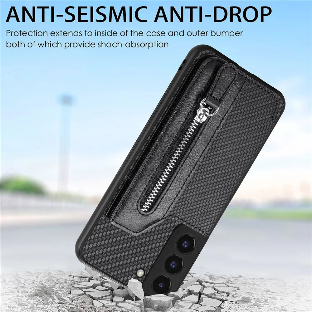C1-04 For Samsung Galaxy S22+ 5G Case Zipper Wallet Leather Coated PC+TPU Phone Cover - Brown - 7