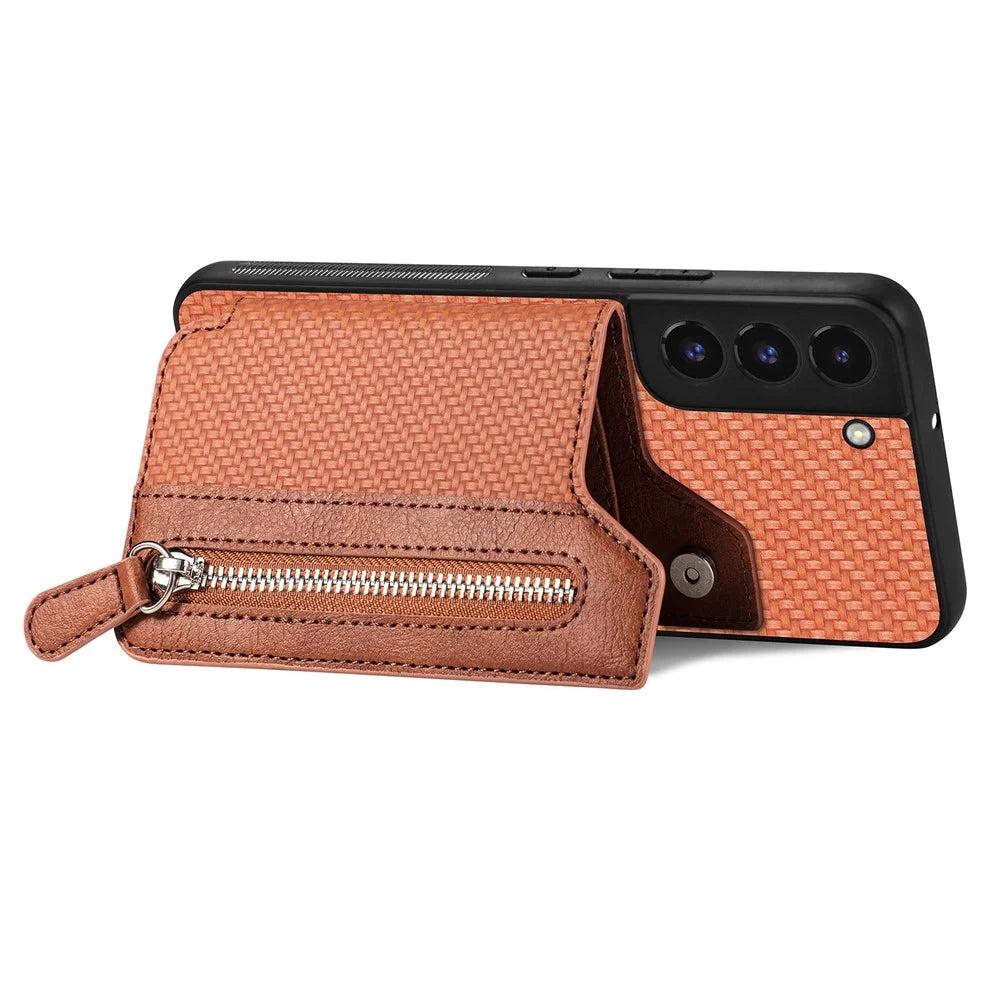 C1-04 For Samsung Galaxy S22 5G Wallet Case Anti-Drop Kickstand PU+PC+TPU Phone Cover - Brown - 3