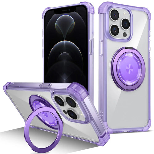 For iPhone 12 / 12 Pro Case Compatible with MagSafe Rotating Kickstand TPU+PC Phone Cover - Transparent Purple - 1