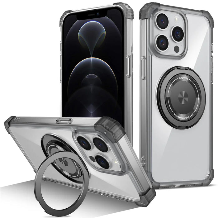 For iPhone 12 Pro Max Magnetic Case Anti-drop TPU+PC Kickstand Phone Cover - Transparent Black - 1