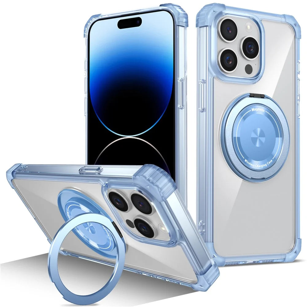 For iPhone 14 Pro Max Magnetic Case Corner Cushions TPU+PC Invisible Kickstand Phone Cover - Transparent Blue - 1