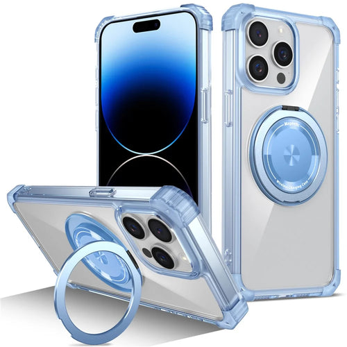 For iPhone 14 Pro Max Magnetic Case Corner Cushions TPU+PC Invisible Kickstand Phone Cover - Transparent Blue - 1