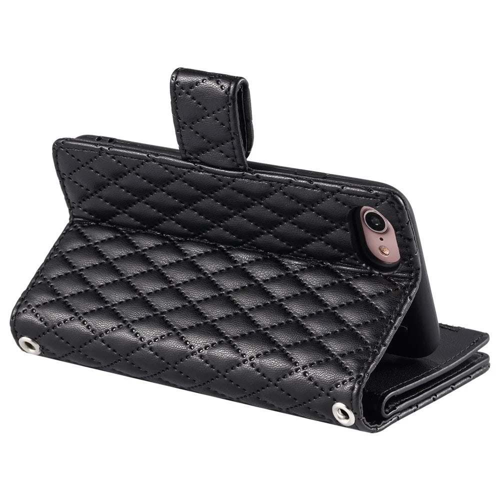 Style 012 for iPhone 7 / 8 / SE (2020) / SE (2022) Leather Case Rhombus Glitter Zipper Wallet Phone Cover - Black - 3