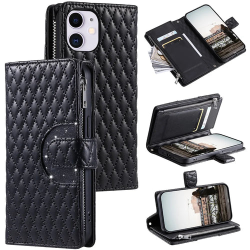 Style 012 for iPhone 11 Leather Case with Wrist Strap Rhombus Glitter Zipper Pocket Phone Cover - Black - 1