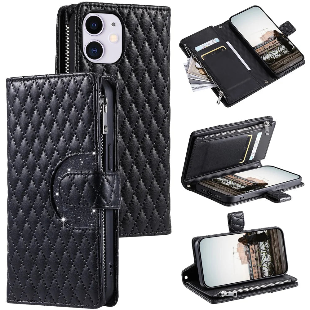 Style 012 for iPhone 11 Leather Case with Wrist Strap Rhombus Glitter Zipper Pocket Phone Cover - Black - 1