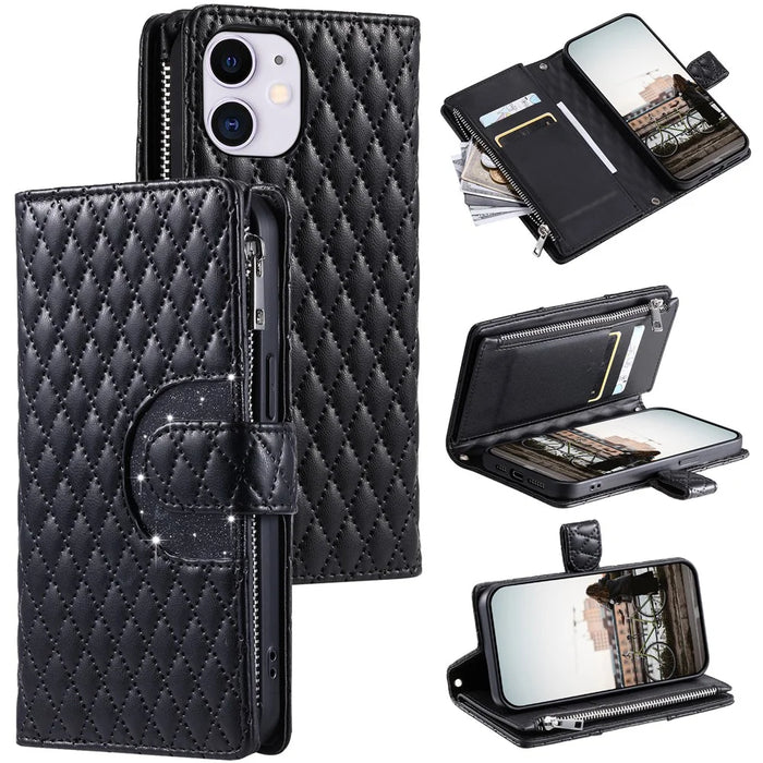 Style 012 for iPhone 11 Leather Case with Wrist Strap Rhombus Glitter Zipper Pocket Phone Cover - Black - 1