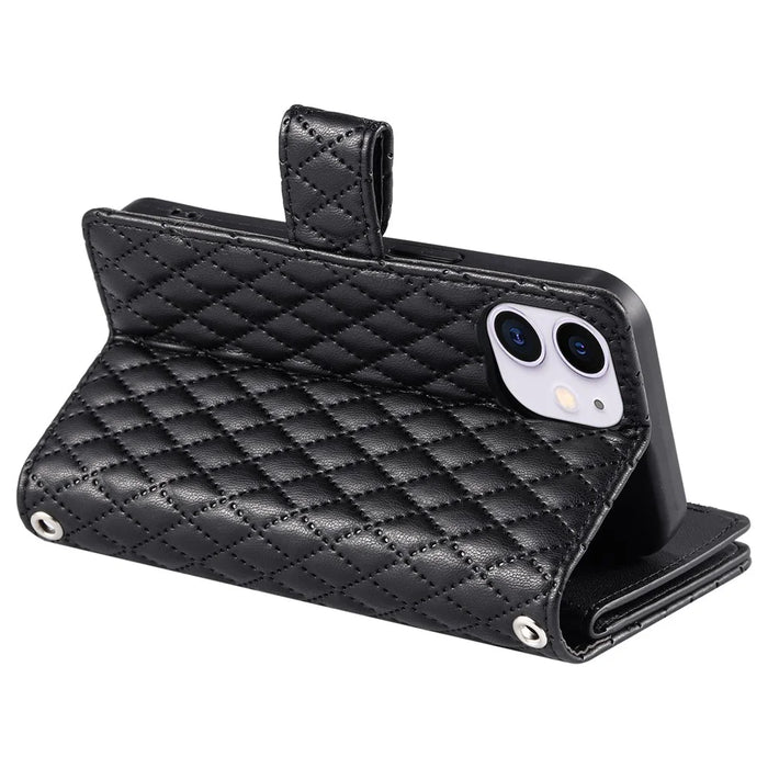 Style 012 for iPhone 11 Leather Case with Wrist Strap Rhombus Glitter Zipper Pocket Phone Cover - Black - 3