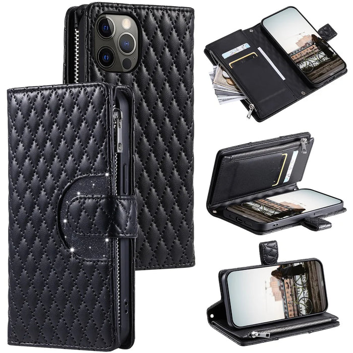 Style 012 for iPhone 12 Pro Max Case Rhombus Glitter Leather Phone Cover with Zipper Pocket - Black - 1