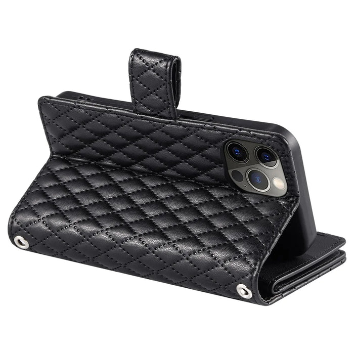 Style 012 for iPhone 12 Pro Max Case Rhombus Glitter Leather Phone Cover with Zipper Pocket - Black - 3