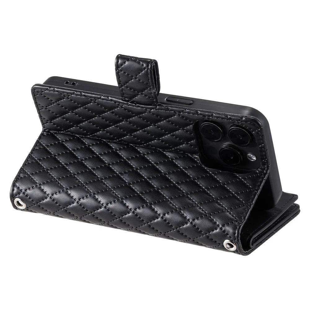 Style 012 for iPhone 13 Pro Max Wallet Case Zipper Pocket PU Leather Rhombus Phone Cover - Black - 3