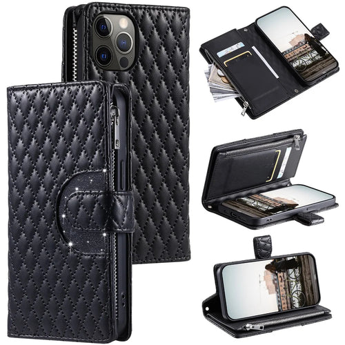 Style 012 for iPhone 12 / 12 Pro Leather Case with Strap Zipper Pocket Wallet Rhombus Phone Cover - Black - 1
