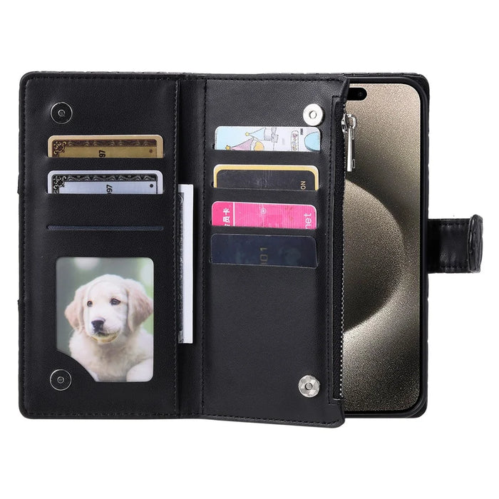 Style 012 for iPhone 14 Pro Max Case Zipper Flip Shockproof Leather Wallet Cover with Hand Strap - Black - 2