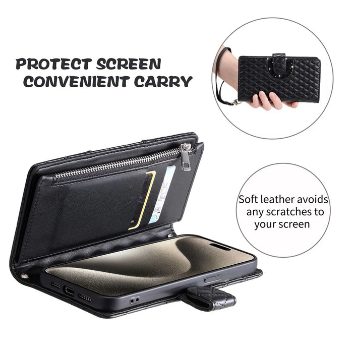 Style 012 for iPhone 14 Pro Max Case Zipper Flip Shockproof Leather Wallet Cover with Hand Strap - Black - 7