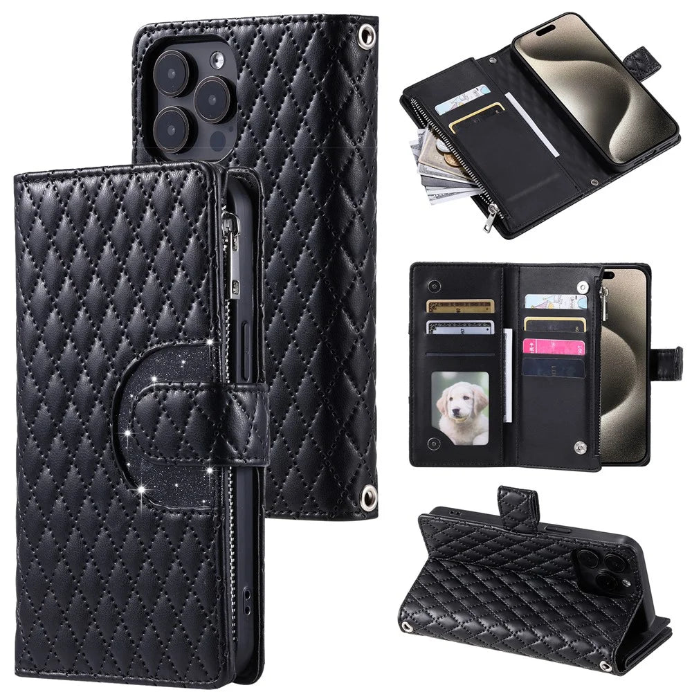 Style 012 for iPhone 15 Pro Max Case Rhombus Zipper Pocket PU Leather Stand Phone Cover - Black - 1