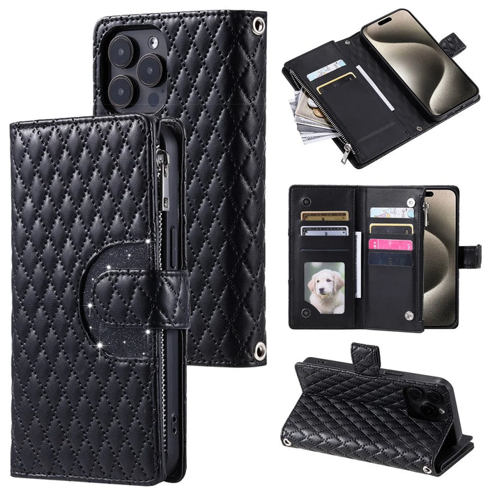 Style 012 for iPhone 15 Pro Max Case Rhombus Zipper Pocket PU Leather Stand Phone Cover - Black - 1