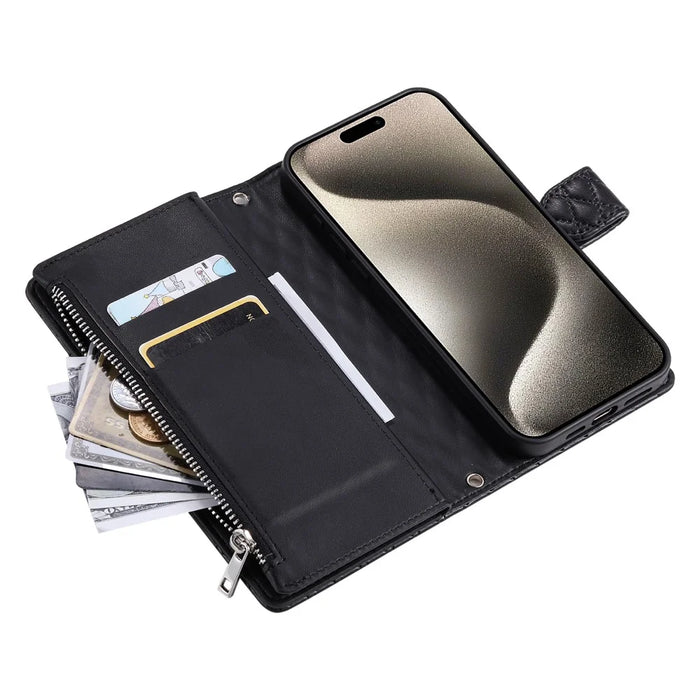 Style 012 for iPhone 15 Pro Max Case Rhombus Zipper Pocket PU Leather Stand Phone Cover - Black - 5