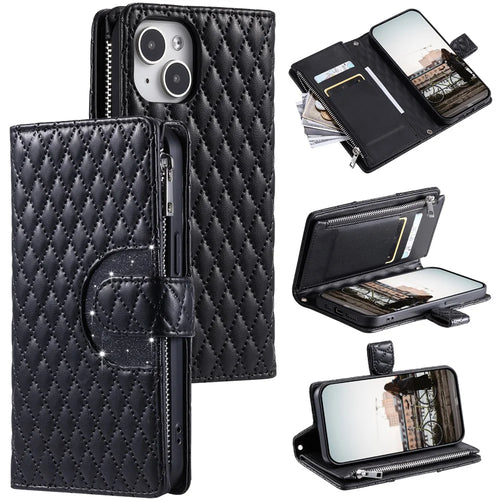 Style 012 for iPhone 15 Plus Leather Case Rhombus Wallet Zipper Phone Cover with Hand Strap - Black - 1