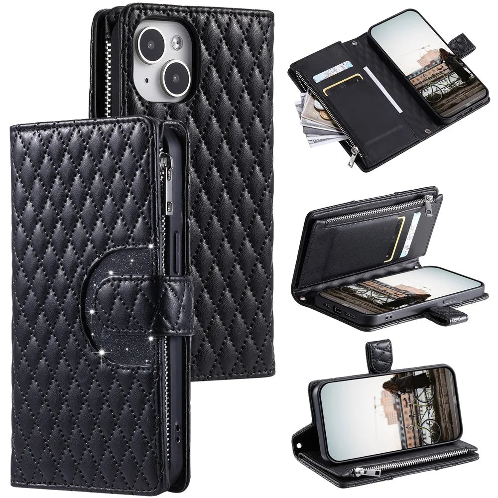 Style 012 for iPhone 15 Plus Leather Case Rhombus Wallet Zipper Phone Cover with Hand Strap - Black - 1