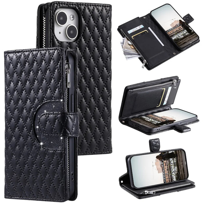 Style 012 for iPhone 15 Plus Leather Case Rhombus Wallet Zipper Phone Cover with Hand Strap - Black - 1