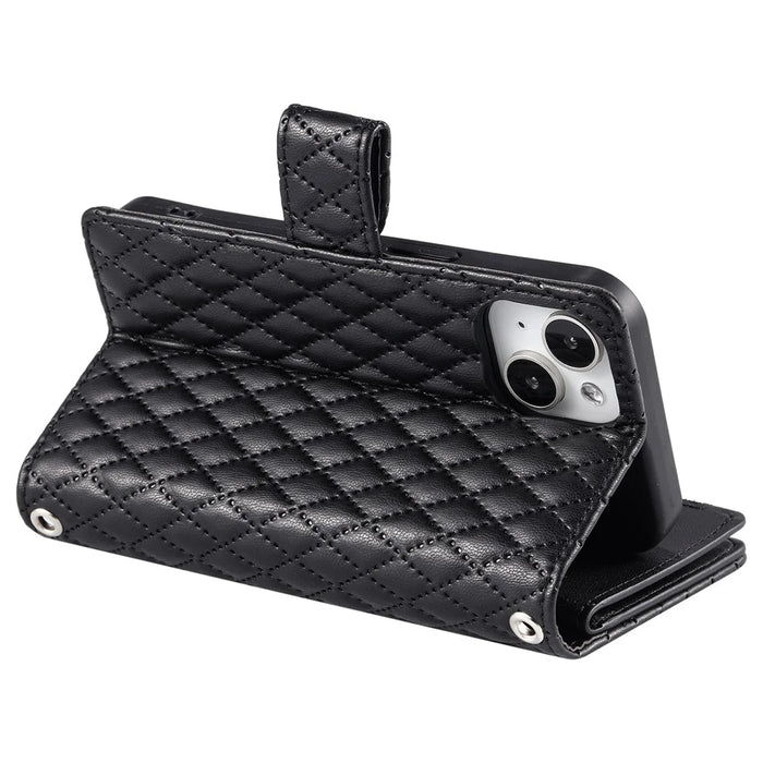 Style 012 for iPhone 15 Plus Leather Case Rhombus Wallet Zipper Phone Cover with Hand Strap - Black - 3