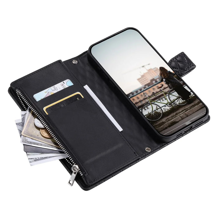 Style 012 for iPhone 15 Plus Leather Case Rhombus Wallet Zipper Phone Cover with Hand Strap - Black - 6