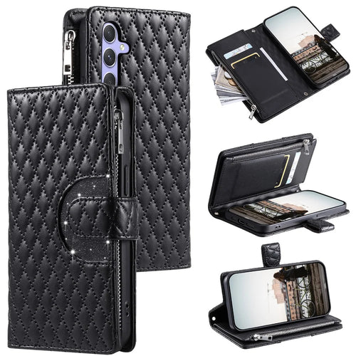 Style 012 for Samsung Galaxy A54 5G Case Rhombus Glitter Leather Zipper Wallet Phone Cover - Black - 1