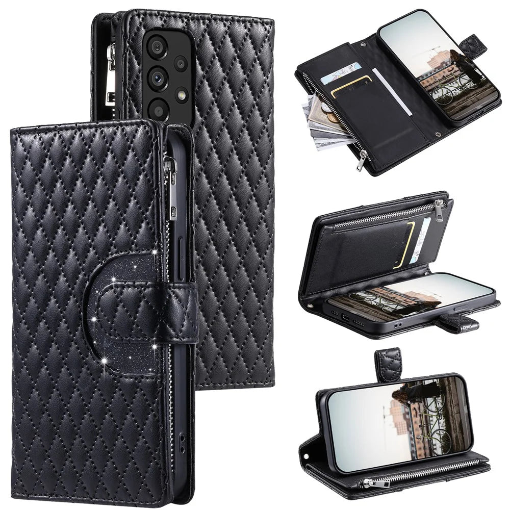 Style 012 for Samsung Galaxy A53 5G Phone Case Rhombus Zipper Wallet PU Leather Flip Cover - Black - 1