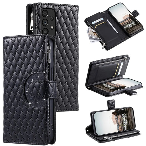 Style 012 for Samsung Galaxy A53 5G Phone Case Rhombus Zipper Wallet PU Leather Flip Cover - Black - 1