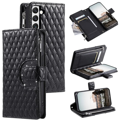 Style 012 for Samsung Galaxy S22 5G Case  Handbag Zipper Pocket Glitter Leather Phone Cover - Black - 1