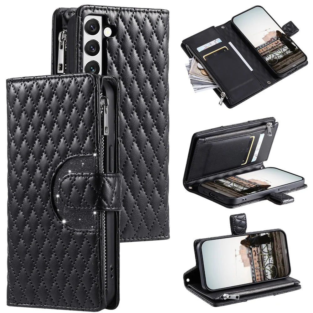 Style 012 for Samsung Galaxy S22 5G Case  Handbag Zipper Pocket Glitter Leather Phone Cover - Black - 1