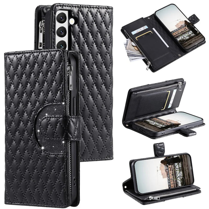 Style 012 for Samsung Galaxy S22 5G Case  Handbag Zipper Pocket Glitter Leather Phone Cover - Black - 1