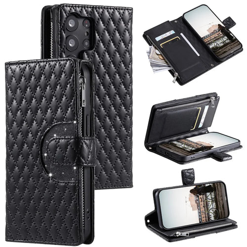 Style 012 for Samsung Galaxy S23 Ultra Case PU Leather Zipper Wallet Phone Cover with Wrist Strap - Black - 1