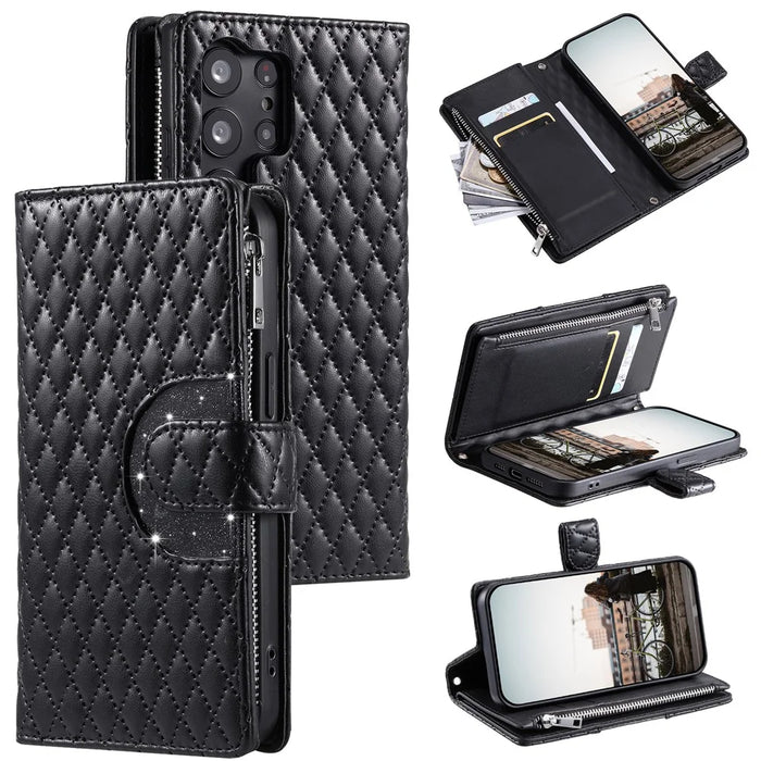 Style 012 for Samsung Galaxy S23 Ultra Case PU Leather Zipper Wallet Phone Cover with Wrist Strap - Black - 1