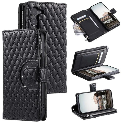 Style 012 for Samsung Galaxy S23+ Wallet Case Rhombus Imprinted PU Leather Flip Phone Cover - Black - 1