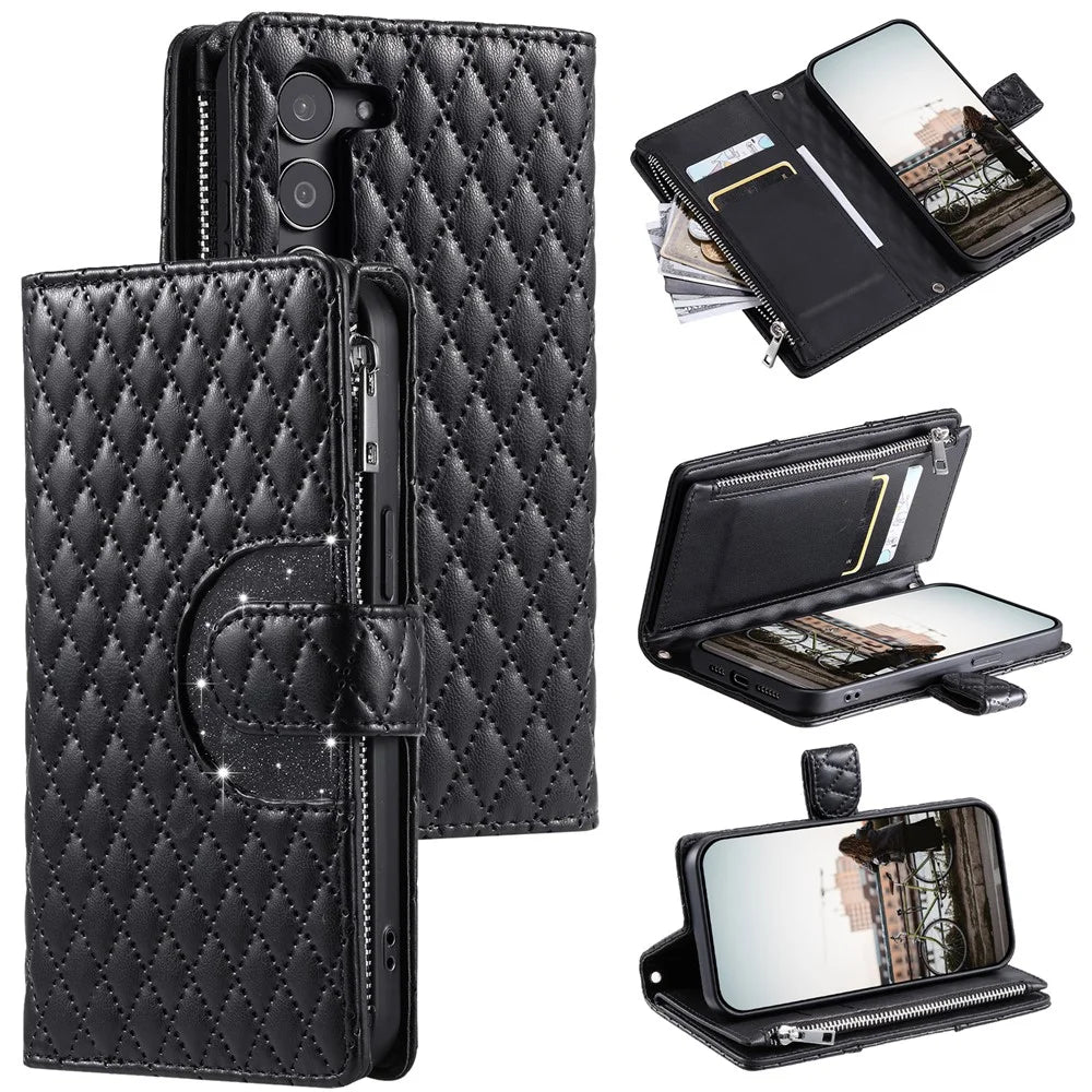 Style 012 for Samsung Galaxy S23+ Wallet Case Rhombus Imprinted PU Leather Flip Phone Cover - Black - 1