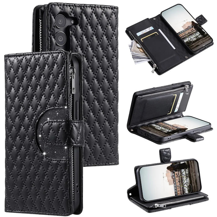 Style 012 for Samsung Galaxy S23+ Wallet Case Rhombus Imprinted PU Leather Flip Phone Cover - Black - 1